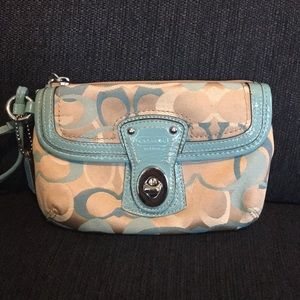 Coach tan and blue wristlet